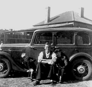 Gordon with his father and brother, Geoff at Lane Cove River, car Morris 10/4